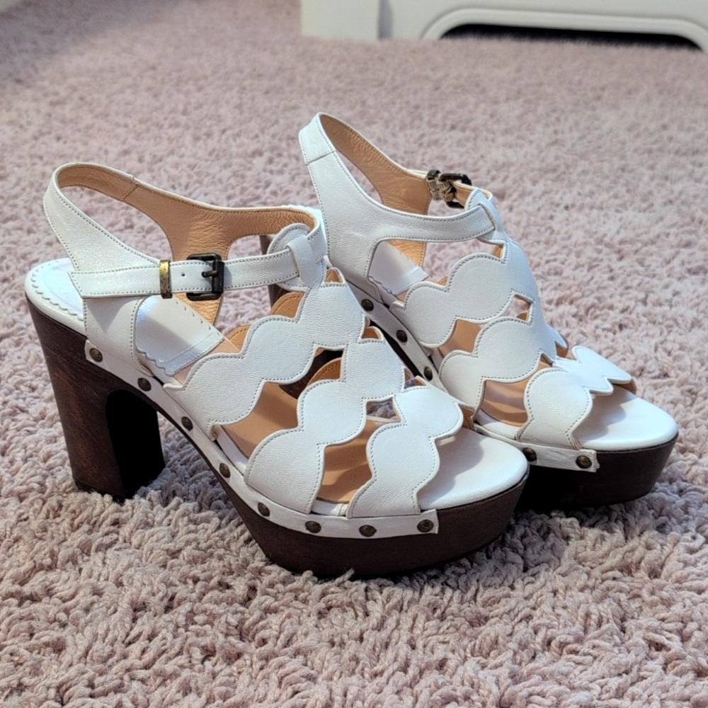 White Leather Wooden Mules size 38